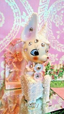 Vtg Christmas SUGARED SALT GLAZED Fawn Deer W RHINESTONE FACE GOLD BELL JAPAN