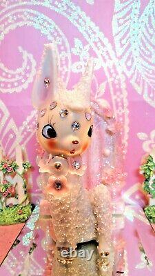 Vtg Christmas SUGARED SALT GLAZED Fawn Deer W RHINESTONE FACE GOLD BELL JAPAN