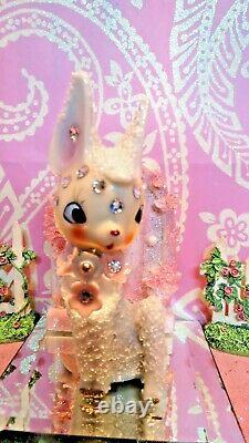 Vtg Christmas SUGARED SALT GLAZED Fawn Deer W RHINESTONE FACE GOLD BELL JAPAN