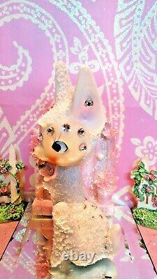 Vtg Christmas SUGARED SALT GLAZED Fawn Deer W RHINESTONE FACE GOLD BELL JAPAN