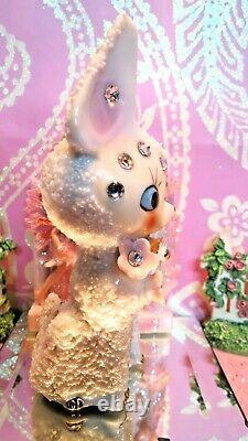 Vtg Christmas SUGARED SALT GLAZED Fawn Deer W RHINESTONE FACE GOLD BELL JAPAN