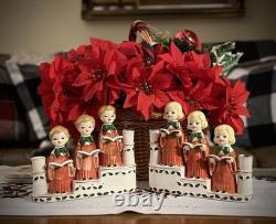Vtg Christmas Ucagco Figurines Choir Flocked Robes Girls & Boys Decor-RARE SET
