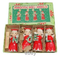 Vtg Commodore Poinsettia NOEL Angels Candle Holder Set Box Candles Japan