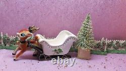 Vtg Lefton Christmas REINDEER Holly Berry Sleigh Gold Jingle Bell Frosted Tree