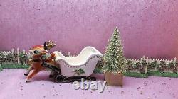 Vtg Lefton Christmas REINDEER Holly Berry Sleigh Gold Jingle Bell Frosted Tree