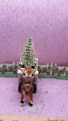 Vtg Lefton Christmas REINDEER Holly Berry Sleigh Gold Jingle Bell Frosted Tree