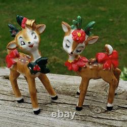 Vtg Lefton Christmas Santa Winking Reindeer Figurine Set Holly Red Bell # 198