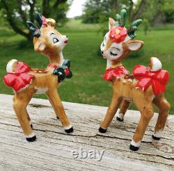 Vtg Lefton Christmas Santa Winking Reindeer Figurine Set Holly Red Bell # 198