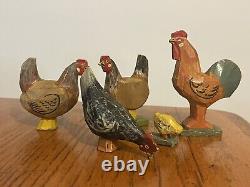 Vtg Lot Handcarved Painted Christmas German Erzgebirge Rooster Chicken Chick