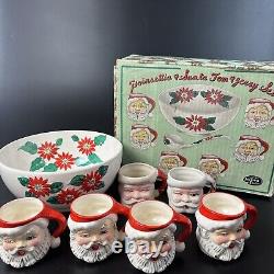Vtg Napco Christmas Poinsettia & Santa Winking Mug Punch Bowl Set Japan WithBox