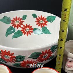 Vtg Napco Christmas Poinsettia & Santa Winking Mug Punch Bowl Set Japan WithBox