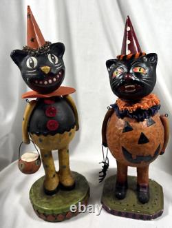 Vtg Paper Mache Lot Of 2 Halloween Black Cat Figurines Pumpkin Spider & Basket