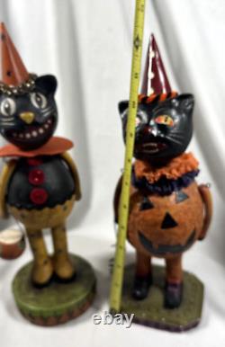 Vtg Paper Mache Lot Of 2 Halloween Black Cat Figurines Pumpkin Spider & Basket