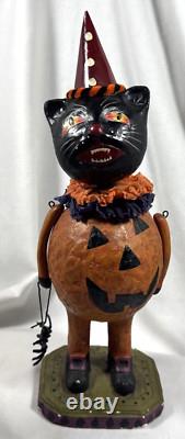 Vtg Paper Mache Lot Of 2 Halloween Black Cat Figurines Pumpkin Spider & Basket