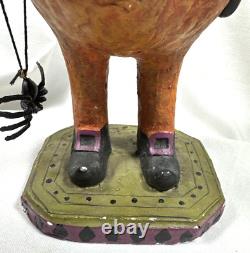 Vtg Paper Mache Lot Of 2 Halloween Black Cat Figurines Pumpkin Spider & Basket