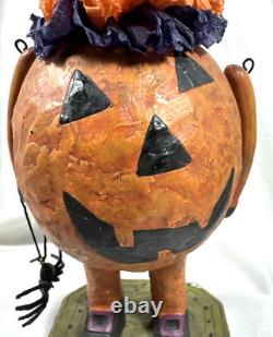 Vtg Paper Mache Lot Of 2 Halloween Black Cat Figurines Pumpkin Spider & Basket