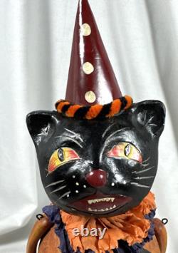 Vtg Paper Mache Lot Of 2 Halloween Black Cat Figurines Pumpkin Spider & Basket