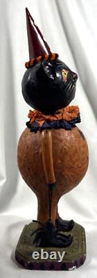 Vtg Paper Mache Lot Of 2 Halloween Black Cat Figurines Pumpkin Spider & Basket