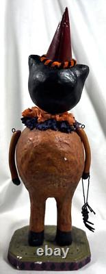 Vtg Paper Mache Lot Of 2 Halloween Black Cat Figurines Pumpkin Spider & Basket