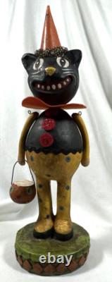 Vtg Paper Mache Lot Of 2 Halloween Black Cat Figurines Pumpkin Spider & Basket