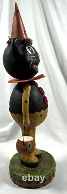 Vtg Paper Mache Lot Of 2 Halloween Black Cat Figurines Pumpkin Spider & Basket