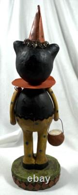 Vtg Paper Mache Lot Of 2 Halloween Black Cat Figurines Pumpkin Spider & Basket