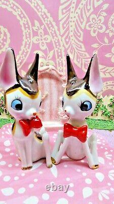 Vtg SET OF TWO Christmas Reindeer Deer W RED BOW TIES Moon EYES Kitsch Kawaii