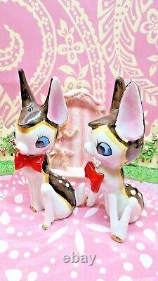 Vtg SET OF TWO Christmas Reindeer Deer W RED BOW TIES Moon EYES Kitsch Kawaii