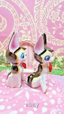 Vtg SET OF TWO Christmas Reindeer Deer W RED BOW TIES Moon EYES Kitsch Kawaii