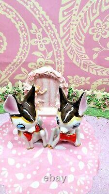 Vtg SET OF TWO Christmas Reindeer Deer W RED BOW TIES Moon EYES Kitsch Kawaii