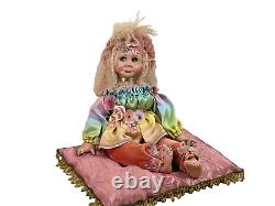 Vtg art doll artist ceramic rainbow fairy elf doll sitting on her pillow 22 in
