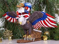 Wooden carved Santa riding a eagle, Russian Santa Ded Moroz, MADE IN UKRAINE