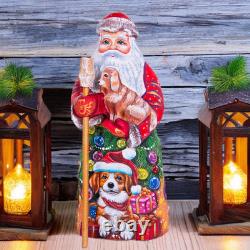 Wooden hand carved Santa Claus Figurine with dog 9, Christmas home decor indoor