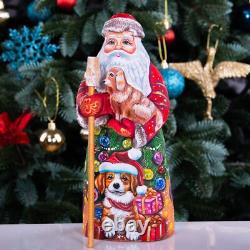 Wooden hand carved Santa Claus Figurine with dog 9, Christmas home decor indoor