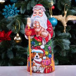 Wooden hand carved Santa Claus Figurine with dog 9, Christmas home decor indoor