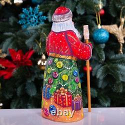 Wooden hand carved Santa Claus Figurine with dog 9, Christmas home decor indoor