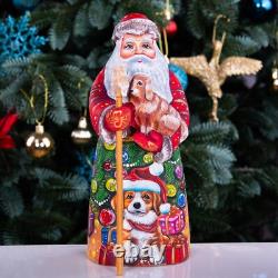 Wooden hand carved Santa Claus Figurine with dog 9, Christmas home decor indoor