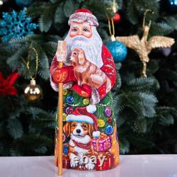 Wooden hand carved Santa Claus Figurine with dog 9, Christmas home decor indoor