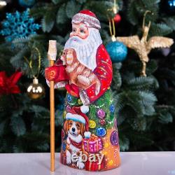 Wooden hand carved Santa Claus Figurine with dog 9, Christmas home decor indoor